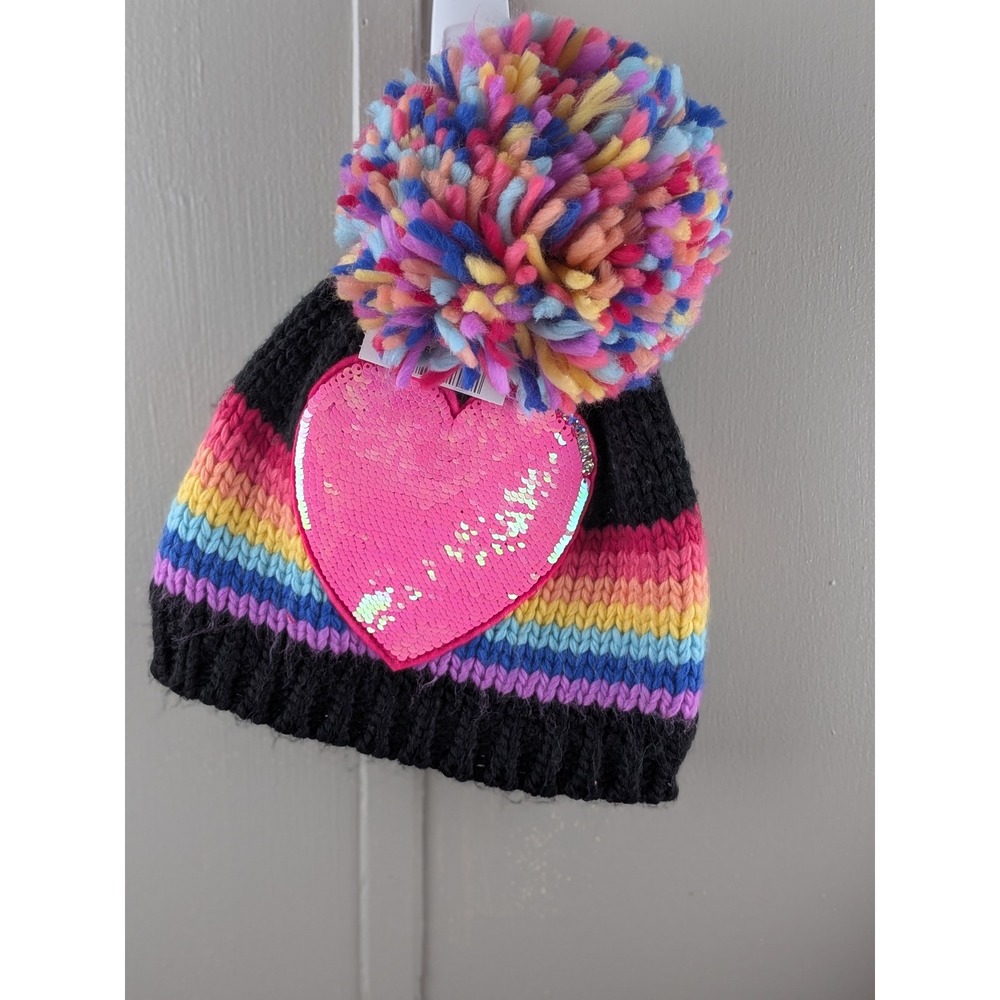 Justice Girls Rainbow Stripe Knit Beanie Flip Sequin Heart Pom Pom Hat Black S/M